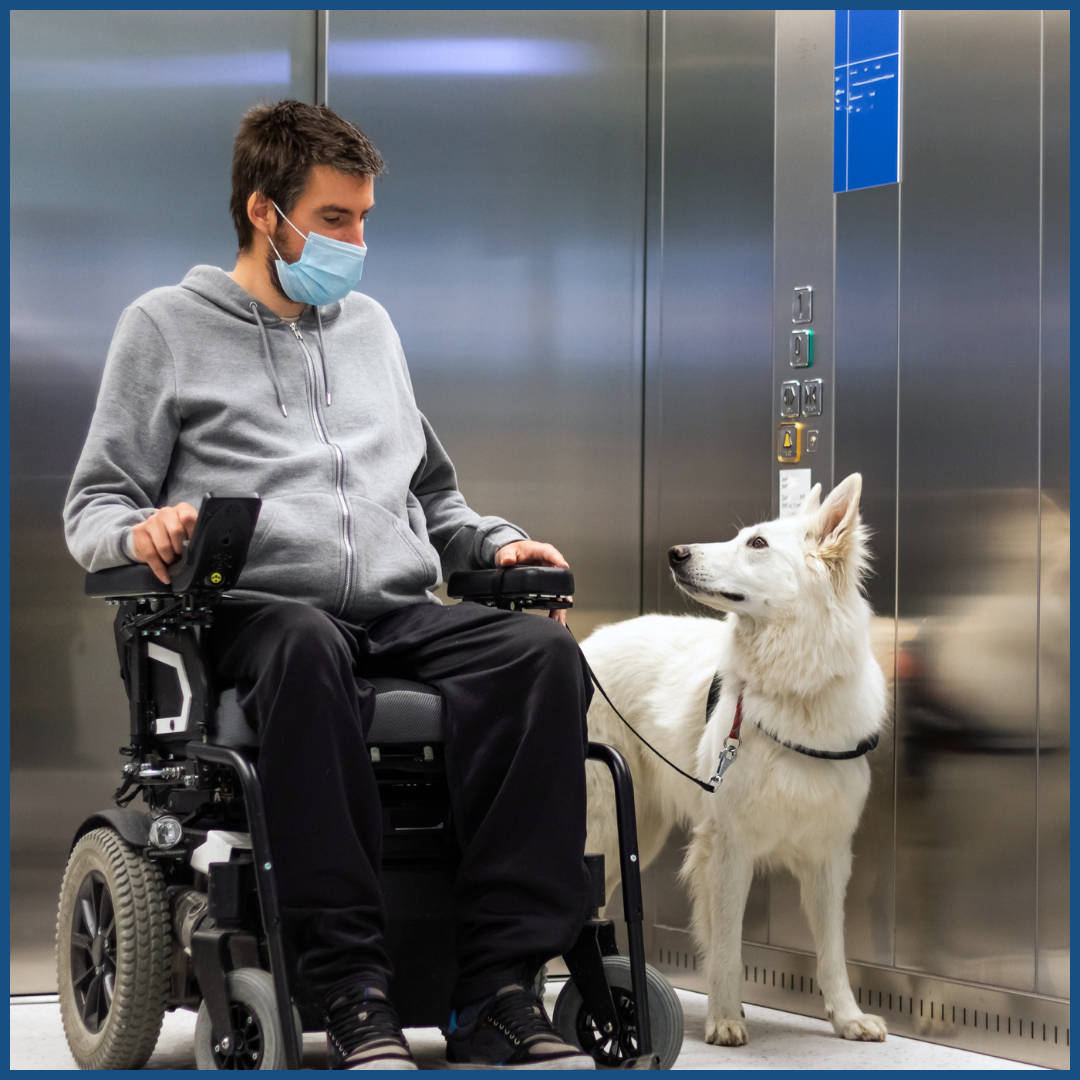 a white man using a powerchair in an elevator, with his service dog