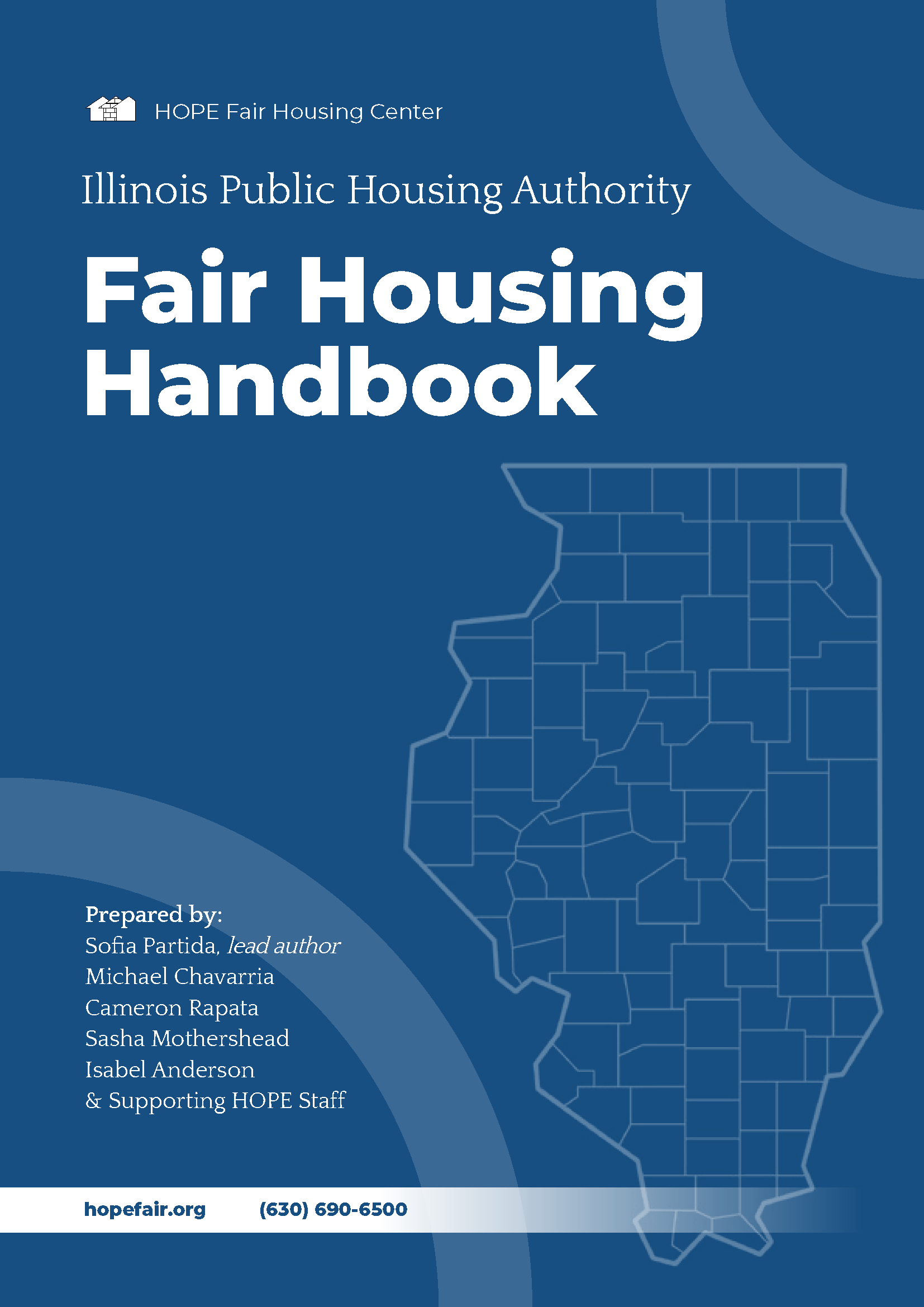 Fair Housing Handbook Cover. A blue background with the outline of Illinois.