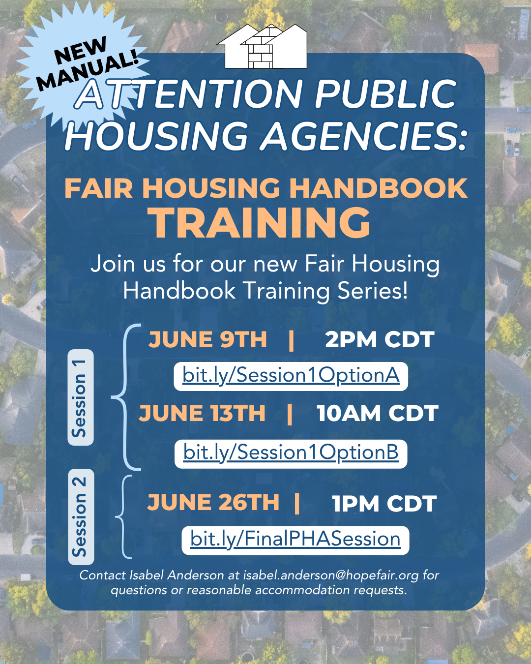 first session A photograph of an apartment complex. Text overlay reads, Virtual fair housing training. Join us to learn about your fair housing rights, especially as they relate to your source of income. bit.ly/AuroraSOI. May 21. 11am CDT. Contact Isabel Anderson at isabel.anderson@hopefair.org