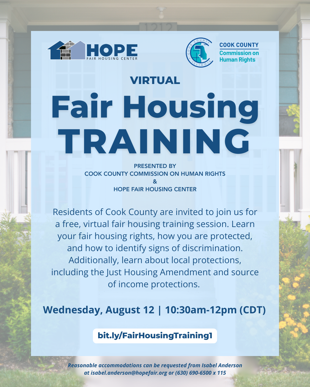 training option 1 A photograph of an apartment complex. Text overlay reads, Virtual fair housing training. Join us to learn about your fair housing rights, especially as they relate to your source of income. bit.ly/AuroraSOI. May 21. 11am CDT. Contact Isabel Anderson at isabel.anderson@hopefair.org