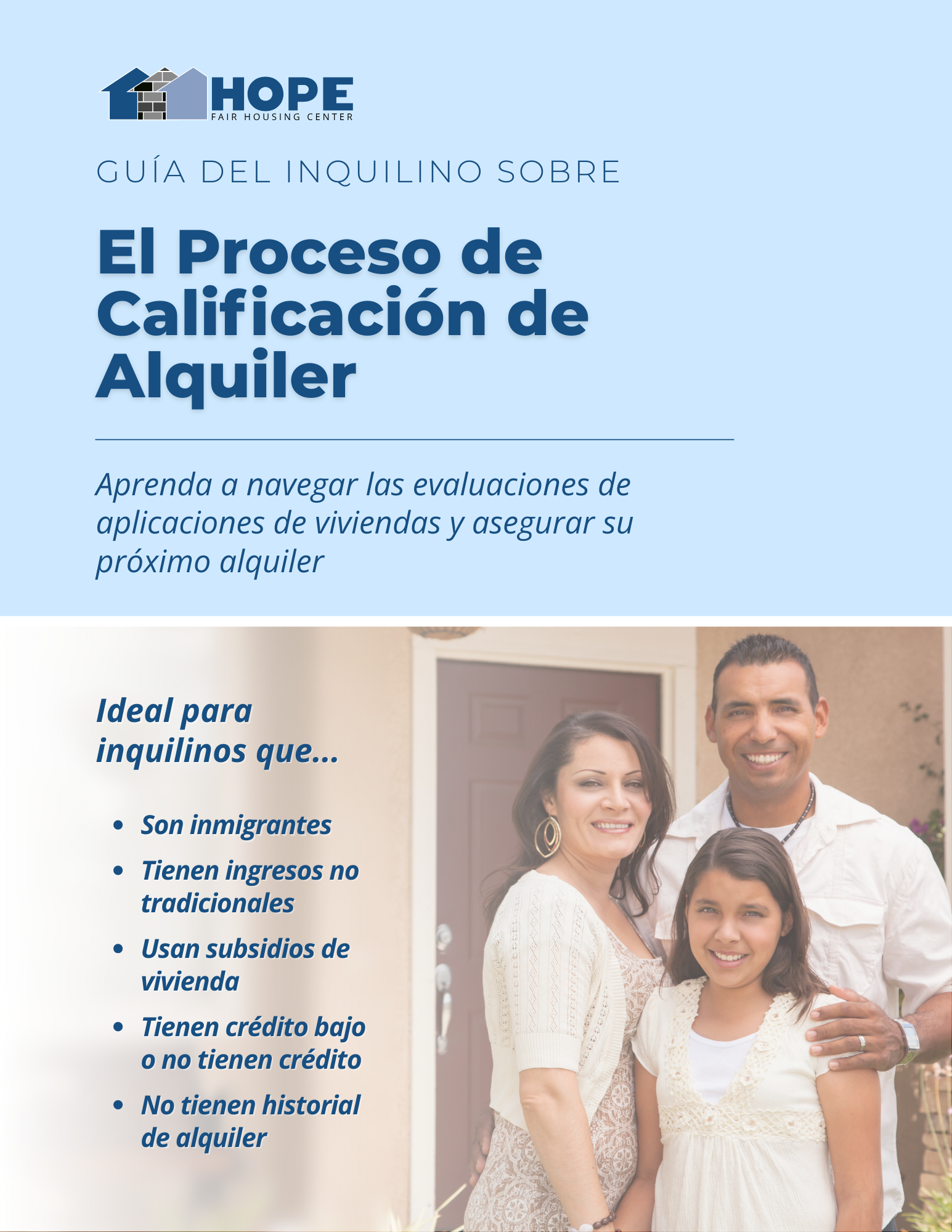 tenant screening outside cover (spanish) Booklet cover with a photograph of a Latino family outside their home. Text reads, "Renter's Guide to Tenant Screening."